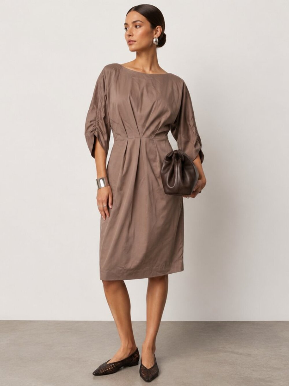 Black Halo Pleated Waist Taupe Midi Dress